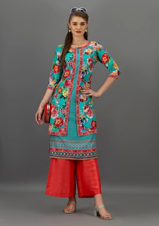 Turquoise Floral Print Double Layered Straight Kurta