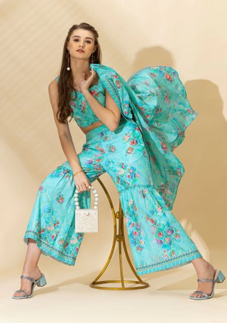 Blue Geometrical with Floral Print Flared Cape Set