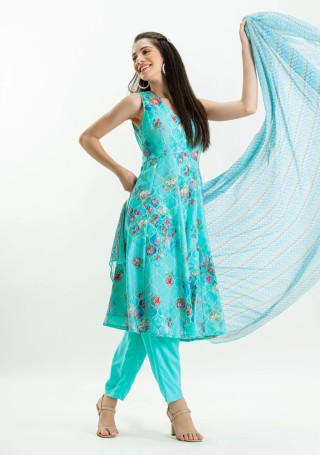Blue Geometrical with Floral Print Flared Kurta with Pants and Dupatta Set