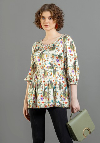 Peacock Print Satin Relaxed Fit Top