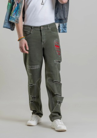 Olive Green Relaxed Straight Fit Men