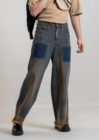 Beige and Blue Wide Leg Men's Patchwork Jeans