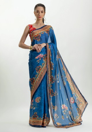 Blue Ethnic Print Lightweight Satin Georgette Saree with Unstitched Blouse