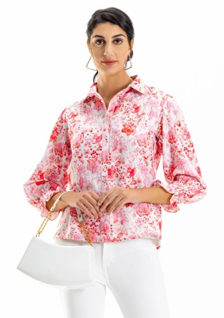 Pink and White Floral Print Button Down Shirt