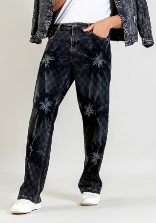 Black Wide Leg Tie And Dye Men's Checked Jeans