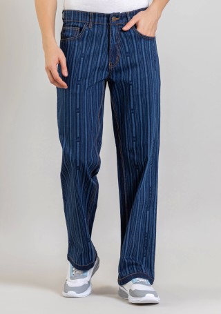 Blue Wide Leg Men's Laser Stripe Print Jeans