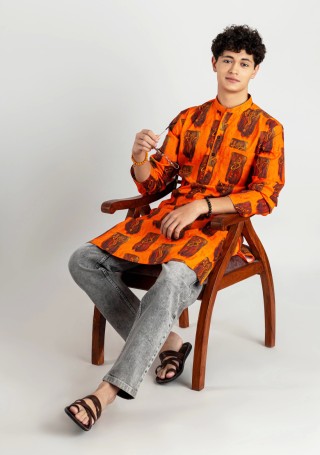 Bright Orange Regular Fit Printed Men's Cotton Kurta