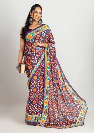 Purple Printed Satin Georgette Saree with Unstitched Blouse