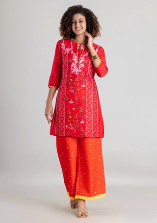Red Floral Print Chanderi Straight Kurta with Straight Pants