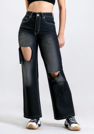 Black Wide Leg High Rise Distressed Women's Jeans