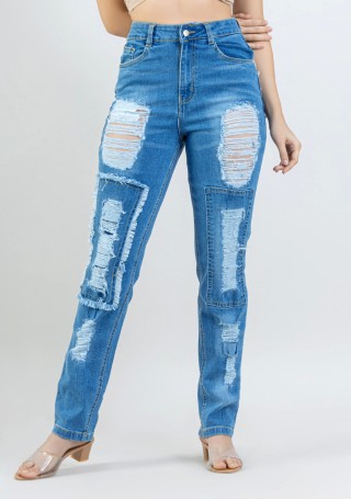 Blue Straight Fit Women's Heavily Distressed Jeans