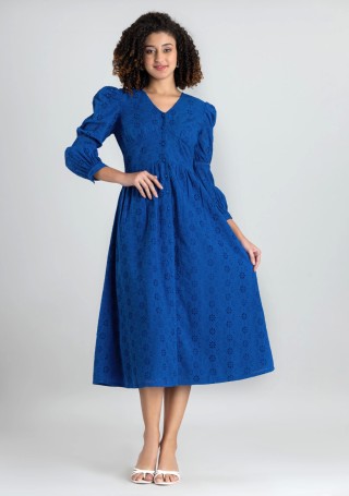 Royal Blue Schiffli Embroidered Cotton Flared Midi Dress