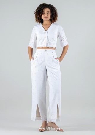White Schiffli Embroidered Cotton Crop Top and Pants Co-ord Set