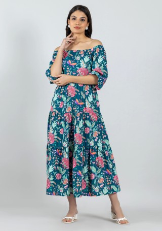 Turquoise Floral Print Off-Shoulder Maxi Dress