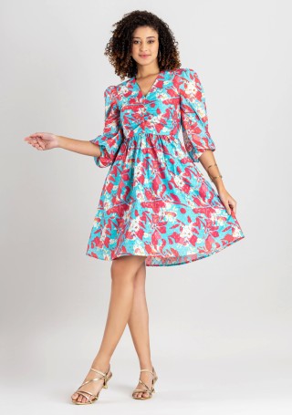 Blue Abstract Floral Print Lurex Dobby Knee Length Dress