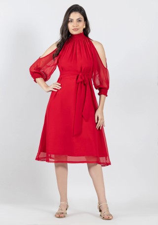 Red Georgette Cold Shoulder Midi Dress