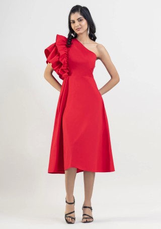 Red One Shoulder Ruffled Poplin Midi Dress