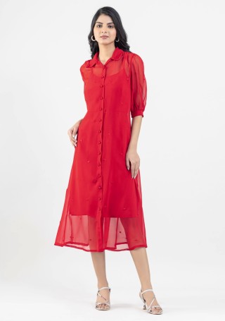 Red Georgette Flared Midi Dress