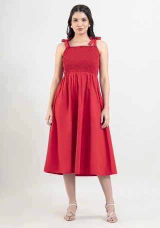 Red Cotton Poplin Tiered Flared Midi Dress