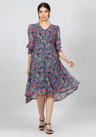 Multi Colour Ditsy Floral Print Georgette Flared Midi Dress