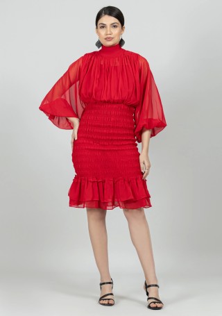 Red Georgette Smocked Flared Midi Dress