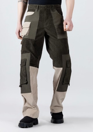 Olive and Fawn Wide Leg Men’s Corduroy Cargo Trousers