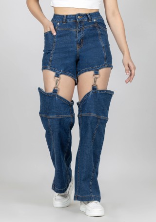 Blue Wide Leg Women's Ultra Fashion Detachable Jeans