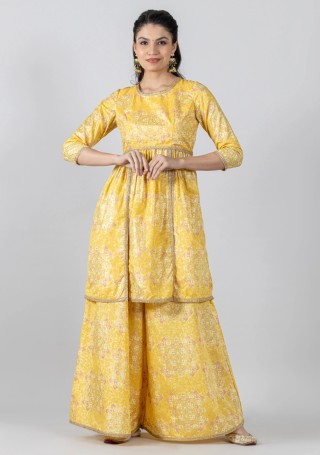 Yellow Foil Print Chanderi Peplum Style Tunic with Pants Co-Ord Set