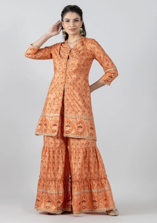 Orange Foil Print Chanderi Peplum Style Tunic with Gharara Co-Ord Set
