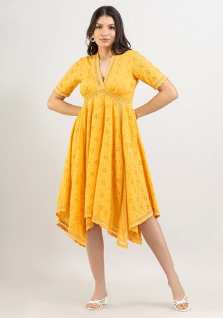 Yellow Schiffli Embroidered Cotton Flared Asymmetrical Midi Dress