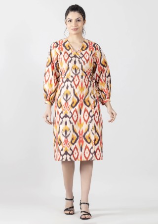 Multi Colour Ikat Print Wrap Poplin Midi Dress
