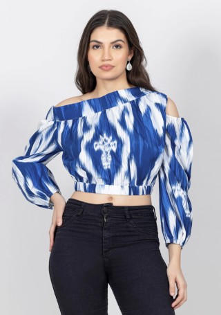 Blue and White One Shoulder Ikat Print Crop Top