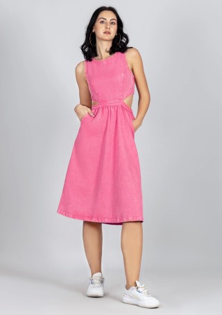 Punch Pink Flared Denim Midi Dress