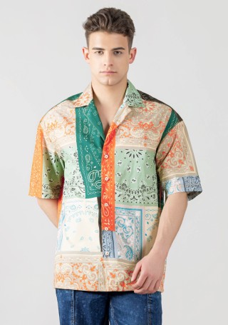 Multi Colour Drop Shoulder Men's Bandana Print Shirt