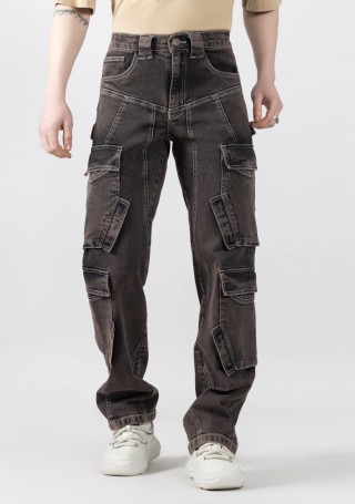 Brownish Black Men's Wide Leg Cargo Style Jeans