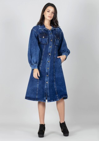 Blue Flared Denim Midi Dress with Pockets