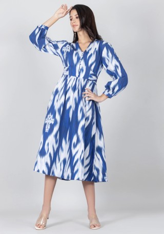 Blue and White Ikat Print Poplin MIdi Dress