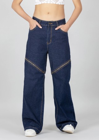Blue Wide Leg Women's Front Zipper Fashion Jeans