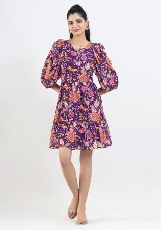 Purple Textured Floral Print Georgette Mini Dress