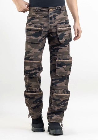 Brownish Green Camouflage Wide Leg Men's Cargo Trousers