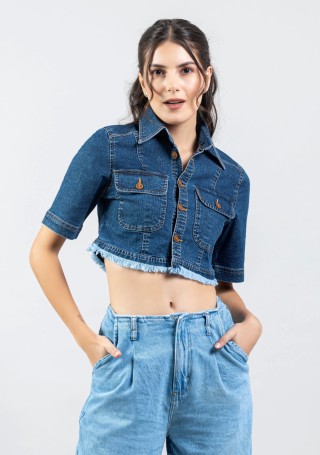 Blue Regular Fit Women's Denim Crop Shirt