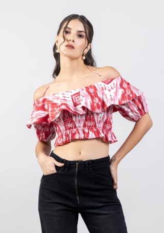 Pink and White Ikat Print Cotton Off-Shoulder Crop Top