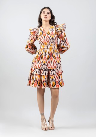 Multi Colour Ikat Print Poplin Midi Dress