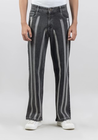Black Straight Relaxed Fit Men's Laser Stripe Print Jeans