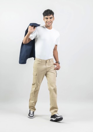 Light Beige Straight Fit Men’s Stretchable Cargo Trousers