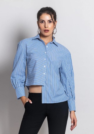 Blue and White Striped Women's Asymmetrical Cotton Shirt