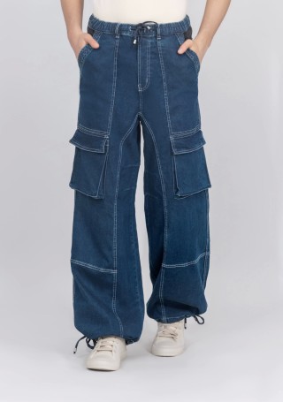 Blue Wide Leg Cargo Style Drawstring Waist Men's Jeans