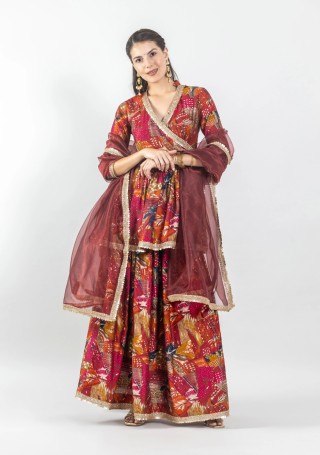 Multi Colour Foil Print Cotton Silk Peplum Kurta and Skirt Co-Ord Set