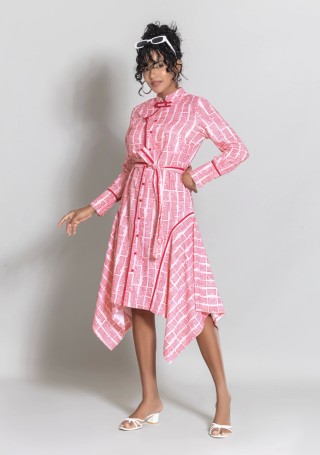 Pink Geometric Print Asymmetric Midi Dress