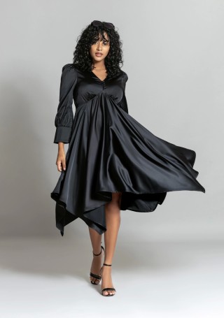 Black Satin Flared Asymmetrical Midi Dress